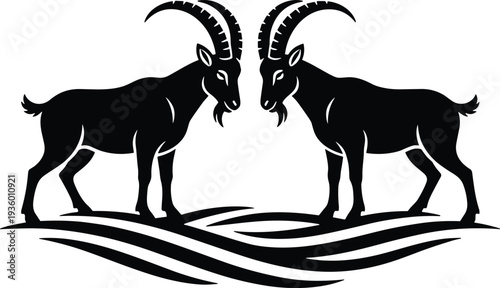 Mountain goat silhouette pair facing each other on rocky landscape isolated vector illustration for wildlife nature emblem logo and outdoor adventure design