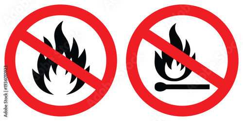 No fire prohibition icon set, flame banned sign, fire safety warning symbol, restricted burning area, and emergency
