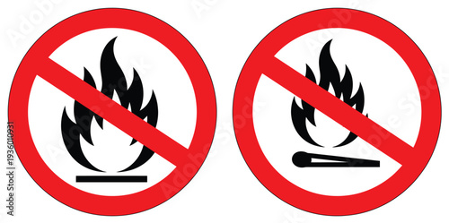 No fire sign, flame forbidden symbol, prohibition of burning, fire restriction warning, safety control