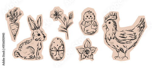 Cut out paper badge set with Easter bunny, egg and chick