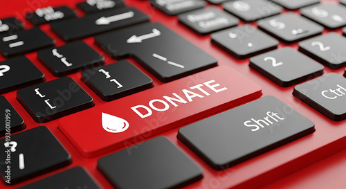 Closeup of computer keyboard with donate button and blood drop symbol transparent background