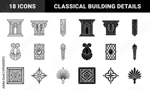 Symmetry and contrast architectural ornaments featuring gothic arches classical corinthian capitals heraldic emblems and damask pattern frames