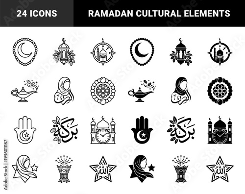 Islamic cultural symbols featuring ramadan lantern with dates hamsa hand with crescent star and arabic calligraphy combined with organic leaf motifs