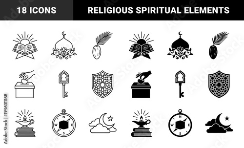 Islamic religious symbols featuring hybrid quran sunburst mosque dome floral patterns and palm date branches in outline and glyph styles