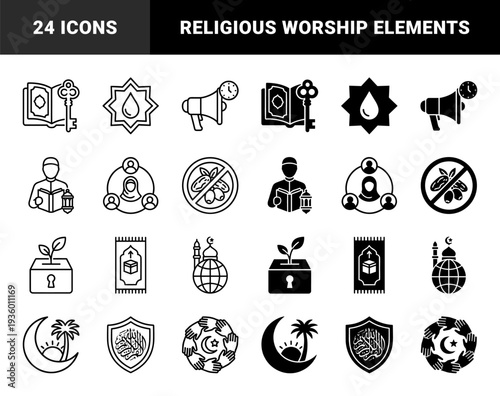 Islamic cultural heritage and Ramadan celebration symbols in bold monoline style. Traditional Arabian architectural elements, celestial motifs, and religious ceremonial objects.