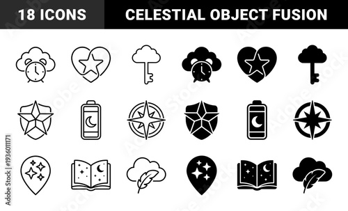 Abstract linear and solid hybrid symbols merging cloud clock heart star key shield battery moon compass map pin book and feather elements