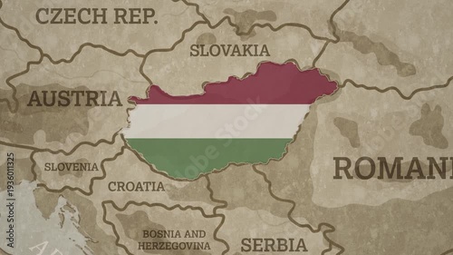 Vintage Style World Map with Hungary Highlighted in National Flag Overlay