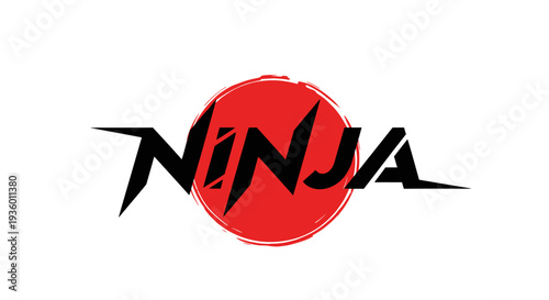 Ninja Logo with Red Circle, Black Japanese Symbol, Graphic Design