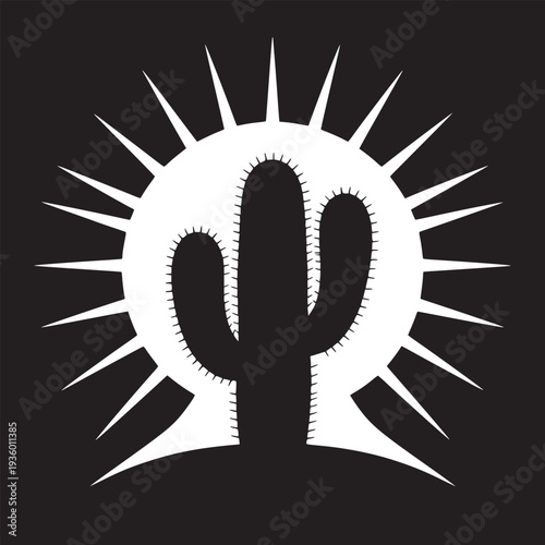 A black and white graphic of a cactus with a sunburst design behind it in a square format image