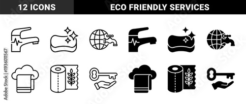 Hybrid hospitality and sustainability symbol set featuring water conservation faucet globe with organic paper towel and guest service key elements
