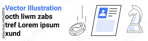 Digital identity, cryptocurrency, financial security, business strategy, technology, authentication. A profile card, token coin and chess knight icon. Digital identity and cryptocurrency security