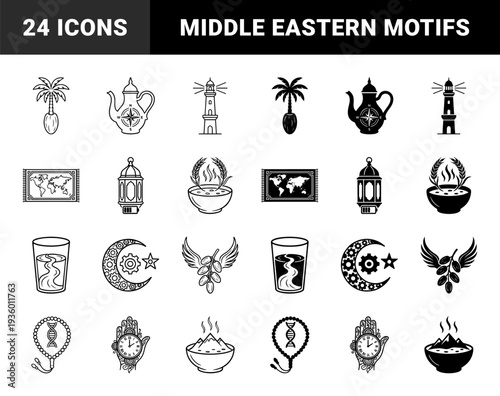 Black and white hybrid symbols merging middle eastern cultural motifs with modern conceptual elements featuring palm trees prayer beads and lanterns