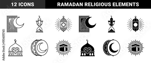 Islamic cultural symbols featuring ramadan crescent prayer rug hourglass minaret mosque dome and kaaba in dual outline and solid black style
