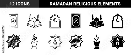 Islamic religious symbols featuring hybrid prayer rug compass and quran mosque designs in minimalist dual outline and solid monochrome style