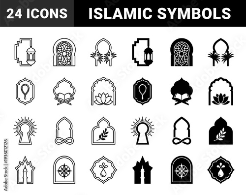 Islamic cultural symbols integrated into traditional arched frames featuring lanterns prayer beads holy book lotus flowers and crescent moon motifs