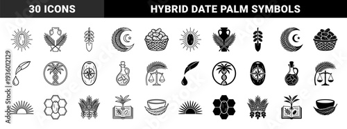 Monochrome hybrid symbols merging date fruit and palm leaves with diverse cultural elements like scales of justice dna strands and honeycombs