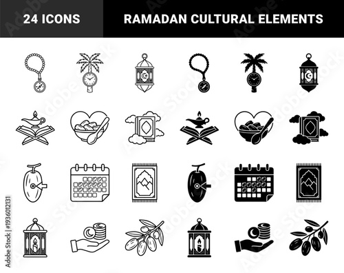 Islamic religious symbols merged with lifestyle elements featuring prayer bead compass hybrid and palm tree clock face in dual outline and solid style