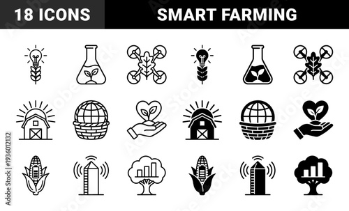 Smart agricultural technology icons featuring hybrid concepts like lightbulb wheat stalks laboratory flasks with sprout and drone leaf symbols