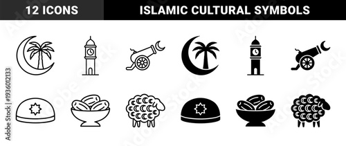 Islamic heritage symbol collection featuring crescent moon palm tree fusion and hybrid ramadan elements in dual outline and solid minimalist styles