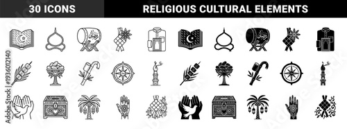 Islamic Religious Symbols Featuring Quran Prayer Beads Bedug Drum and Ketupat with Symmetrical Geometric Ornaments in Dual Outline and Solid Style