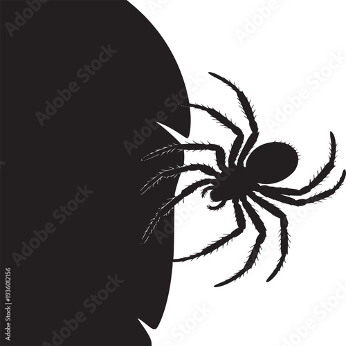 A black spider silhouette crawling from a dark corner onto a white background in a graphic image