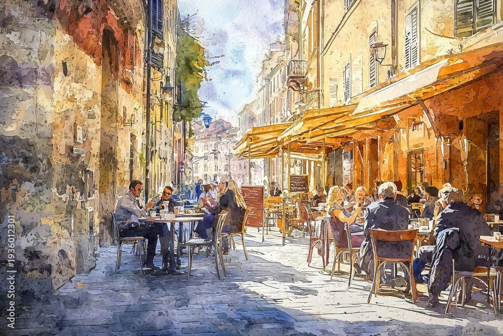Naklejka premium Sunny European Alley with Restaurants and Shops