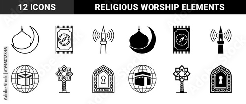 Islamic religious symbols and hybrid cultural elements featuring mosque domes with crescent moons prayer rugs with compasses and kaaba globe motifs