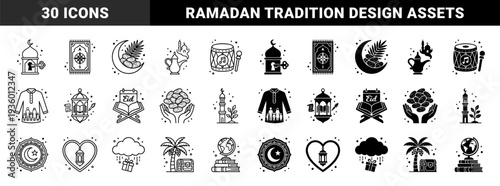 Islamic religious symbols merged with lifestyle elements featuring mosque keyholes ramadan dates and crescent moon compass for pilgrimage and faith