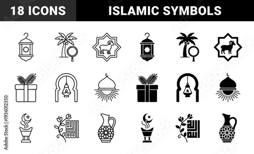 Islamic cultural symbols featuring ram in star frame palm tree with prayer beads and mosque lantern designs in dual line and solid style
