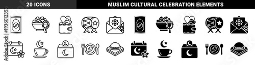 Islamic Ramadan religious symbol collection featuring hybrid motifs such as crescent moon bowls prayer rug compass and charity wallet elements