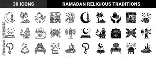 Islamic religious symbols and Ramadan tradition hybrid elements featuring crescent moon masjid towers prayer beads and quran for spiritual celebration