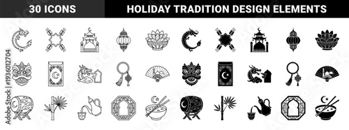 Cultural fusion design elements merging Chinese Lunar New Year and Islamic Ramadan symbols featuring dragon crescent moon and lantern motifs