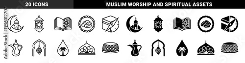 Islamic heritage and ramadan traditions featuring hybrid crescent mosque silhouettes prayer beads with dates and qibla compass on cube geometric forms