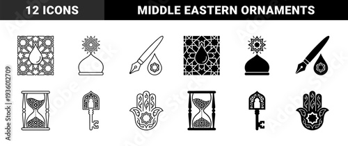 Collection of hybrid middle eastern symbols featuring geometric patterns merged with ink pens hourglasses hamsa hands and mosque domes in outline and solid styles