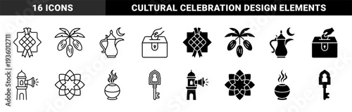 Islamic Cultural Symbols Combining Traditional Ramadan Elements With Modern Geometric Outlines Featuring Ketupat Dates Lantern Charity Box And Minaret
