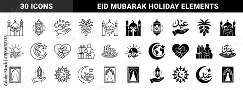 Islamic religious holiday celebration elements featuring hybrid crescent moon globe and mosque gift box symbols in dual line and solid styles