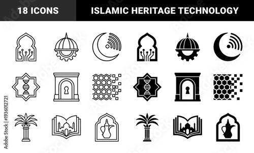 Hybrid Islamic cultural icons merging traditional architecture and Middle Eastern symbols with modern technology and biological engineering elements