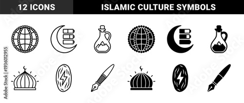 Islamic spirituality and modern energy hybrid symbols featuring mosque dome signal and prayer bead globe in outline and solid versions