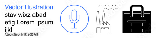 Digital media, business, industry, communication, manufacturing, professional tools. Minimalist microphone, industrial factory and business briefcase icons. Digital media and business concept