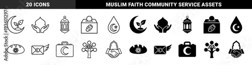 Islamic Charity and Ramadan symbols featuring hybrid designs with crescent moon sprouts and mosque dome hands in outline and solid styles