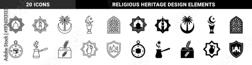 Islamic heritage and cultural hybrid symbols featuring mosque architecture crescent moon palm tree prayer compass and traditional coffee pot in geometric frames