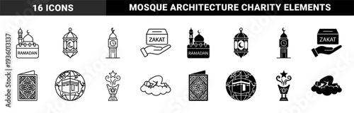 Islamic religious symbols featuring a hybrid design of mosque architecture combined with calendars and charity boxes in dual outline and solid styles
