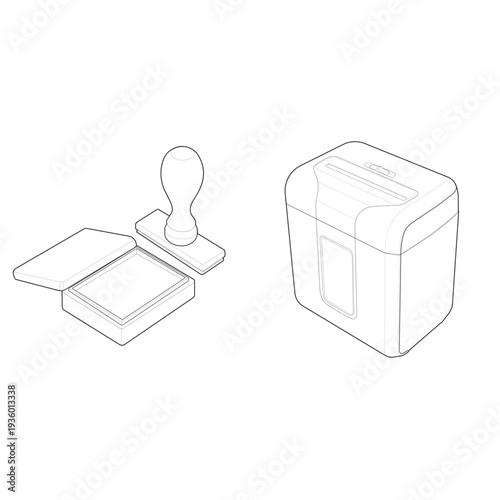 Isometric rubber stamp with ink pad and paper shredder line drawing