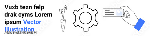 Minimal hand holding ID card, cogwheel, and carrot visual combination. Ideal for identity, process, work, productivity, agriculture, innovation simple landing page