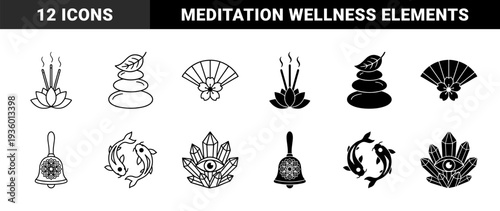 Zen spiritual hybrid icons featuring incense lotus flower meditation stone balance lotus fan bell mandala koi fish yin yang and third eye crystal