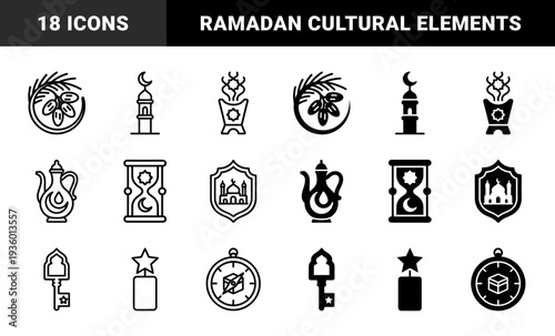 Islamic heritage symbol collection featuring hybrid motifs merging dates mosque architecture incense burners and qibla compass in dual stroke and solid style