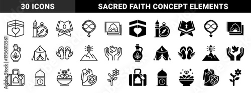 Islamic pilgrimage symbols featuring hybrid religious concepts with kaaba heart and prayer rug mosque combinations in outline and solid styles