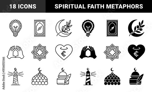 Islamic spiritual symbols merged with modern conceptual metaphors featuring crescent moon lightbulb prayer rug compass and botanical growth motifs