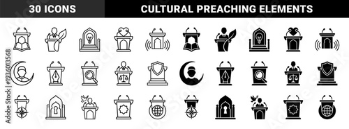 Collection of hybrid podium and pulpit symbols merging religious architectural motifs with modern education justice and leadership conceptual elements