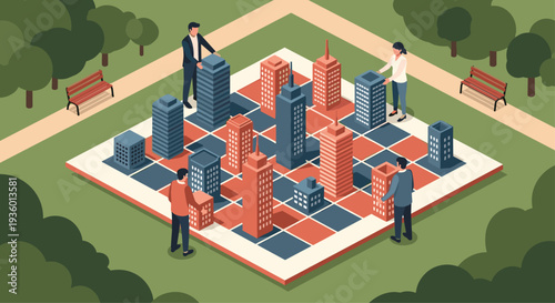 Four people are meticulously arranging diverse orange and blue isometric building blocks on a large chessboard-like grid in a green park.